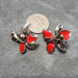 Vintage Red Flower Screw On Earrings